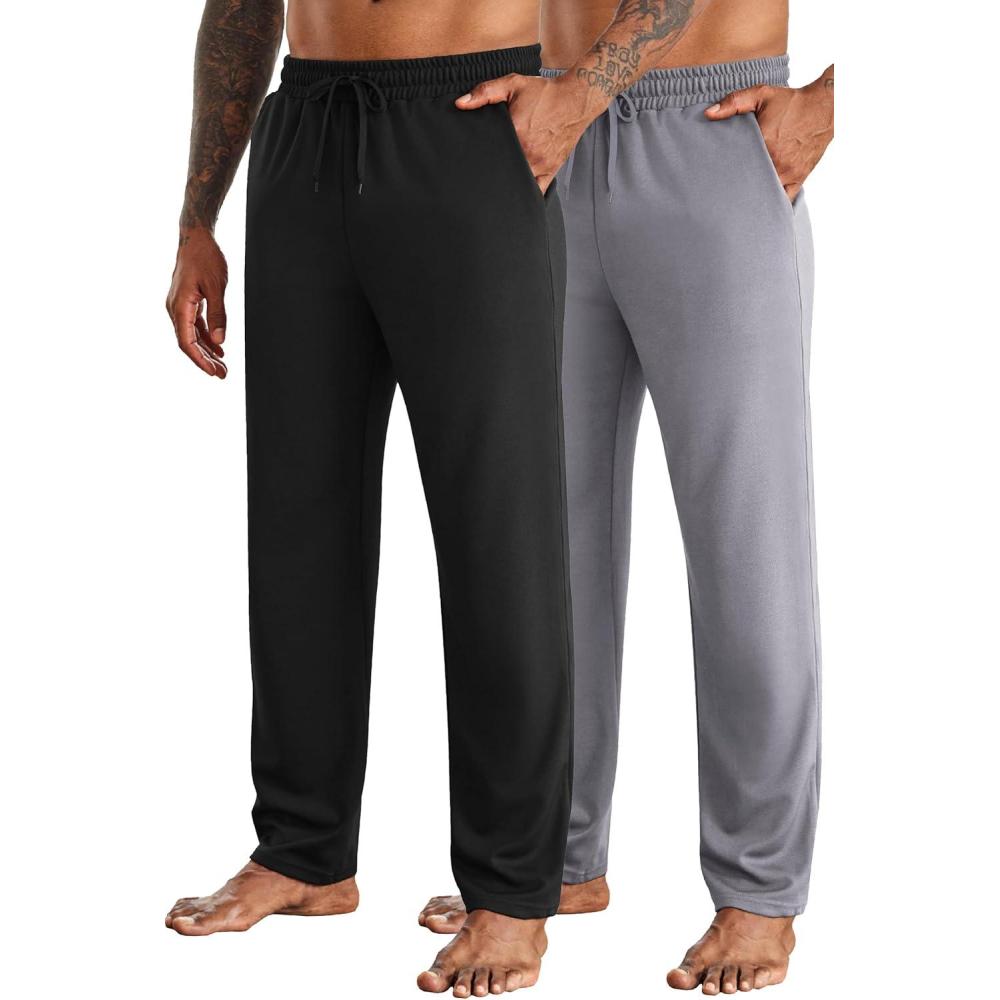 imageCOOFANDY Mens Yoga Sweatpants Open Bottom Lightweight Sweat Pants Drawstring Athletic Lounge Pants with PocketsBlack Light Gray