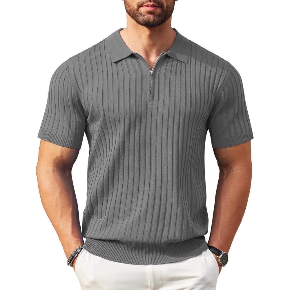 imageCOOFANDY Mens Zipper Polo Shirts Short Sleeve Ribbed Knit Polo T Shirts Fashion Casual Golf ShirtsGrey