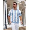 COOFANDY Mens Knit Polo Shirts Casual Short Sleeve Button Down Polo Shirt Classic Golf Shirts(Light Blue – White Stripes)