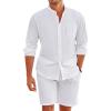 COOFANDY Linen Sets For Men 2 Piece Button Down Shirt Long Sleeve and Casual Beach Drawstring Waist Shorts Summer Outfits(A-white)
