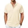 COOFANDY Men’s Casual Henley Shirt Short Sleeve Summer Shirts Linen Band Collar Summer Beach Hippie T-Shirts(Beige)