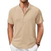 COOFANDY Men’s Casual Henley Shirt Short Sleeve Summer Shirts Linen Band Collar Summer Beach Hippie T-Shirts(Khaki)