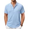 COOFANDY Men’s Casual Henley Shirt Short Sleeve Summer Shirts Linen Band Collar Summer Beach Hippie T-Shirts(Light Blue)