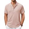 COOFANDY Men’s Casual Henley Shirt Short Sleeve Summer Shirts Linen Band Collar Summer Beach Hippie T-Shirts(Pastel Pink)