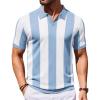 COOFANDY Mens Knit Polo Shirts Casual Short Sleeve Button Down Polo Shirt Classic Golf Shirts(Light Blue – White Stripes)