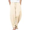 COOFANDY Men’s Linen Harem Drawstring Pants Casual Elastic Waist Lightweight Trouser Hippie Summer Beach Yoga Pants(Light Khaki)