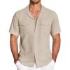 COOFANDY Men’s Linen Short Sleeve Button Down Shirt Casual Cuban Collar Summer Beach Shirts Vacation Essentials(Light Brown)