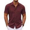 COOFANDY Men’s Linen Short Sleeve Button Down Shirt Casual Cuban Collar Summer Beach Shirts Vacation Essentials(Wine Red)