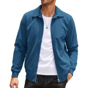 COOFANDY Men’s Casual Corduroy Jacket Lightweight Zip Up Vintage Jacket Collared Bomber Jacket(Lake Blue)