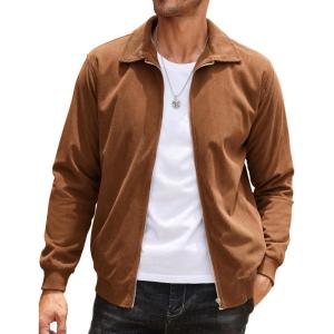 COOFANDY Men’s Casual Corduroy Jacket Lightweight Zip Up Vintage Jacket Collared Bomber Jacket(Light Brown)