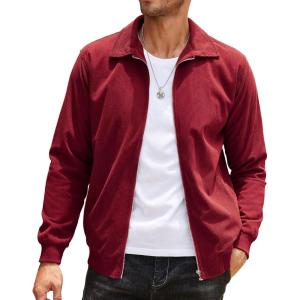 COOFANDY Men’s Casual Corduroy Jacket Lightweight Zip Up Vintage Jacket Collared Bomber Jacket(Wine Red)