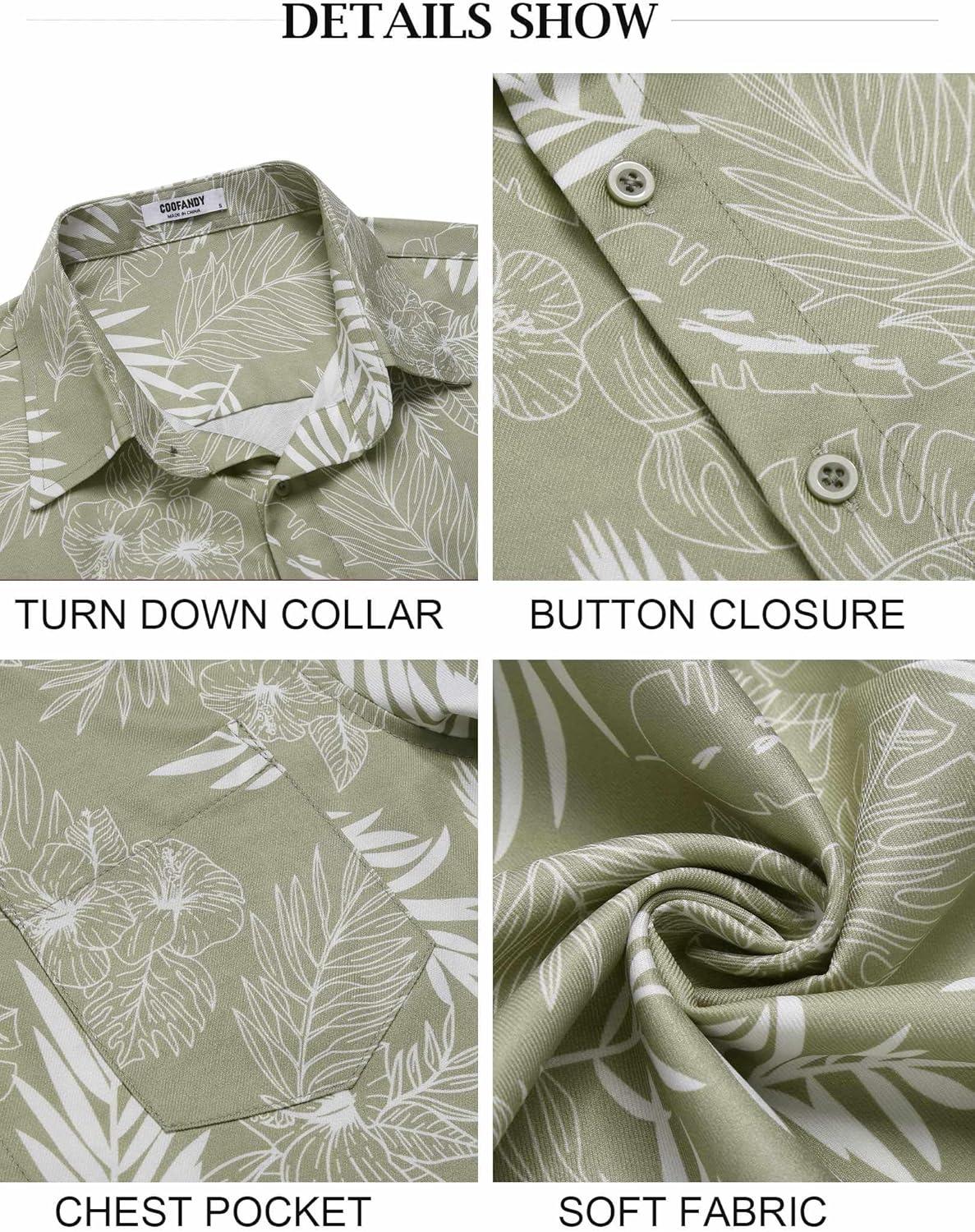 imageCOOFANDY Mens Button Down Short Sleeve Shirt Casual Shirts Summer Beach Textured Shirts with PocketGreenwhite Leaves
