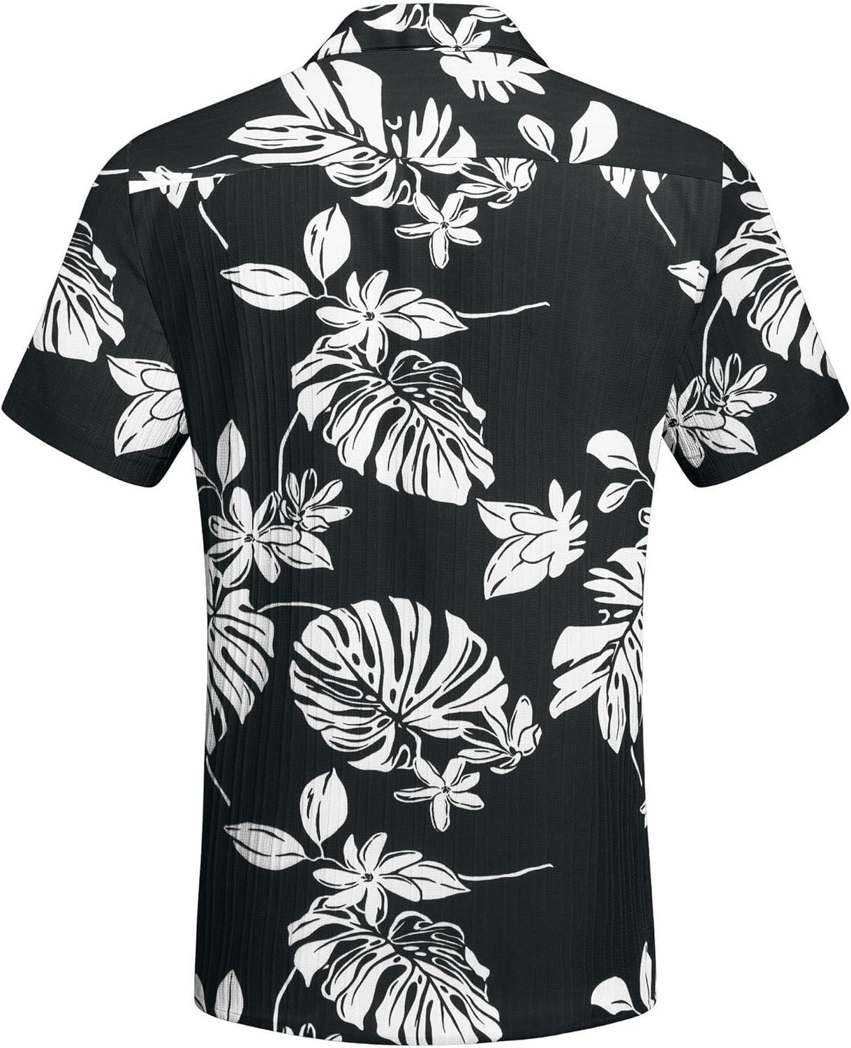imageCOOFANDY Mens Casual Button Down Shirts Short Sleeve Textured Summer Beach Shirt with PocketBlackwhite Leaves