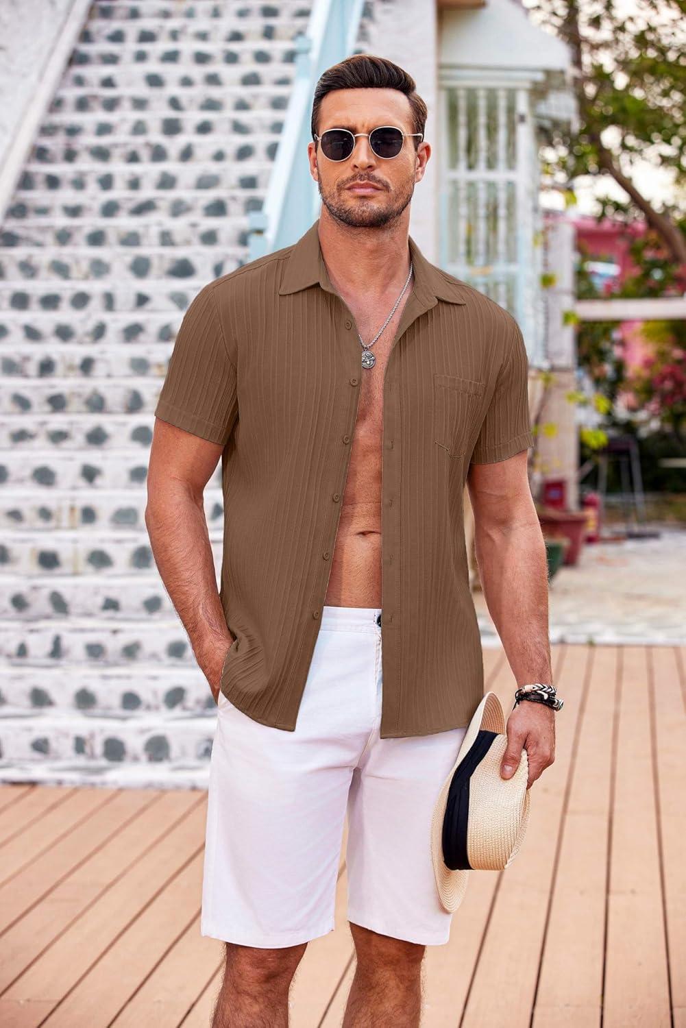 imageCOOFANDY Mens Casual Button Down Shirts Short Sleeve Textured Summer Beach Shirt with PocketBrown