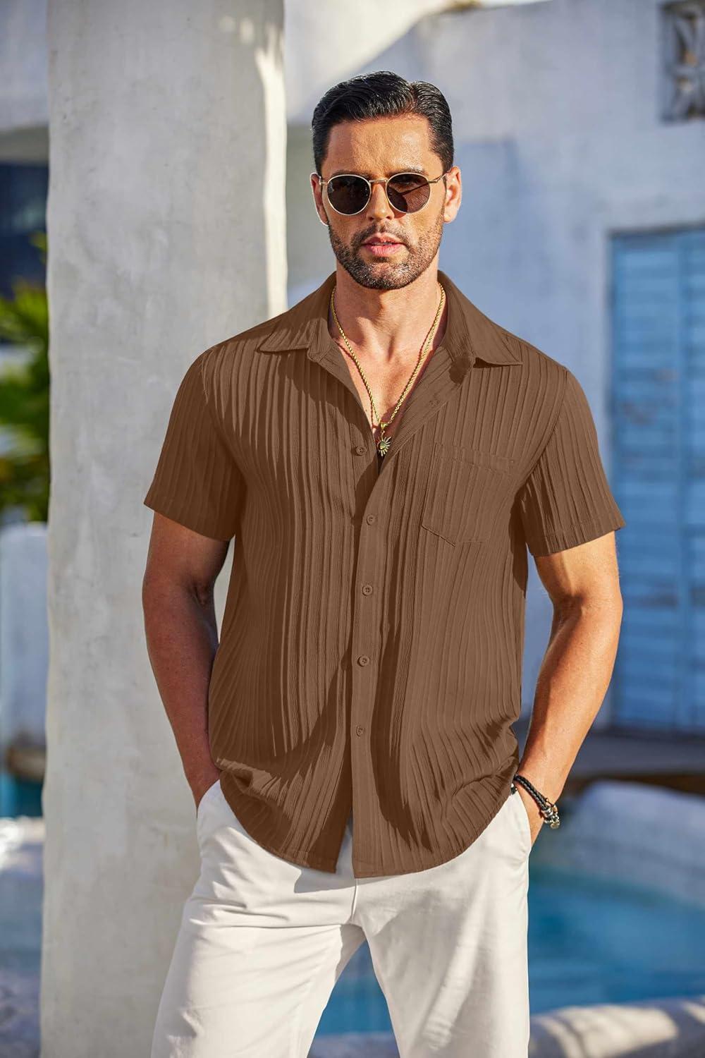 imageCOOFANDY Mens Casual Button Down Shirts Short Sleeve Textured Summer Beach Shirt with PocketBrown