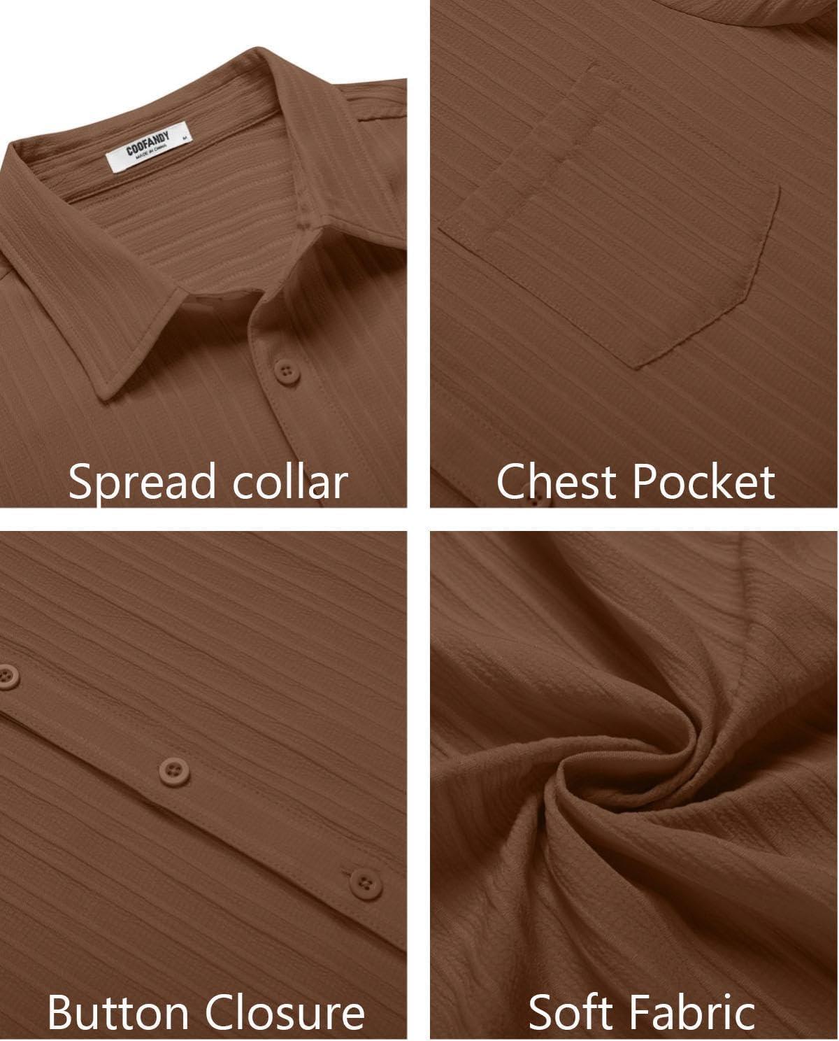 imageCOOFANDY Mens Casual Button Down Shirts Short Sleeve Textured Summer Beach Shirt with PocketBrown
