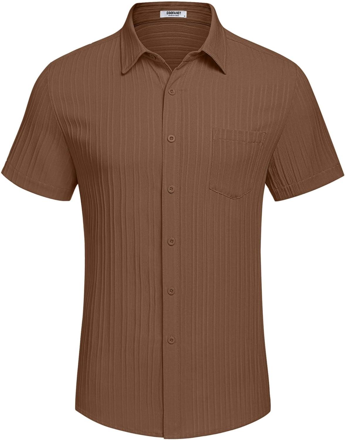 imageCOOFANDY Mens Casual Button Down Shirts Short Sleeve Textured Summer Beach Shirt with PocketBrown