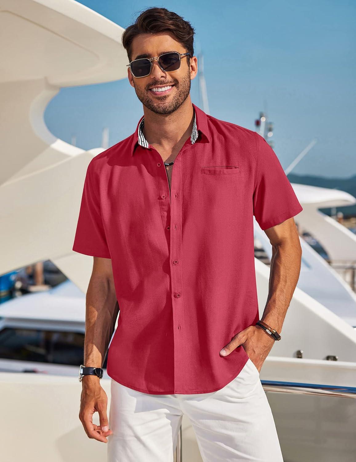 imageCOOFANDY Mens Casual Button Down Shirts Short Sleeve Textured Summer Beach Shirt with PocketWine Red