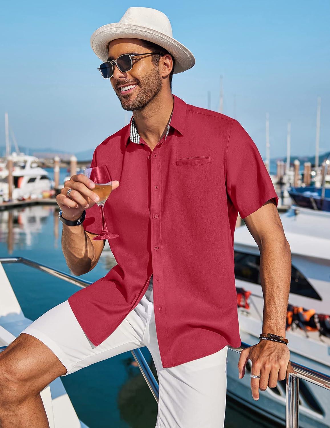 imageCOOFANDY Mens Casual Button Down Shirts Short Sleeve Textured Summer Beach Shirt with PocketWine Red