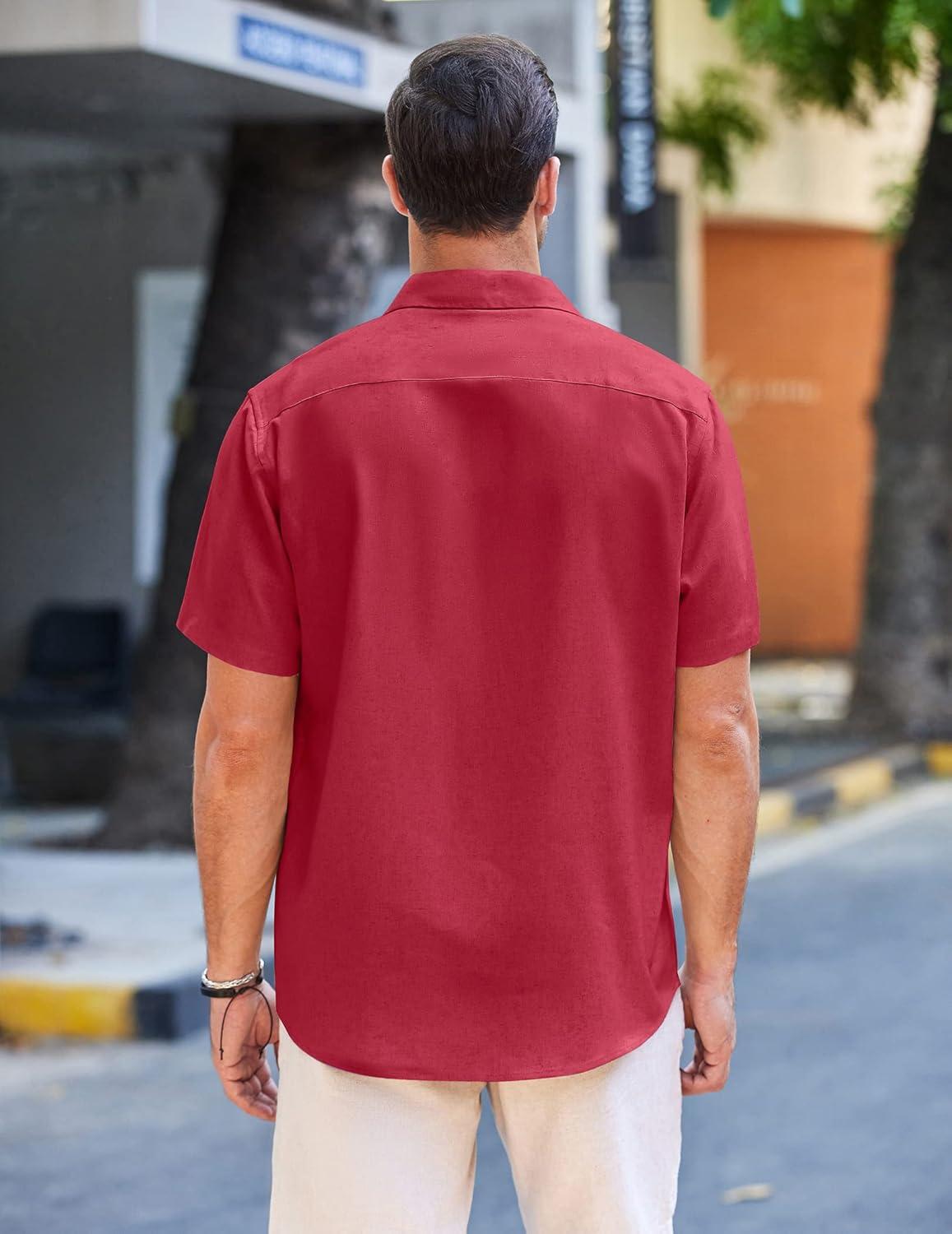 imageCOOFANDY Mens Casual Button Down Shirts Short Sleeve Textured Summer Beach Shirt with PocketWine Red
