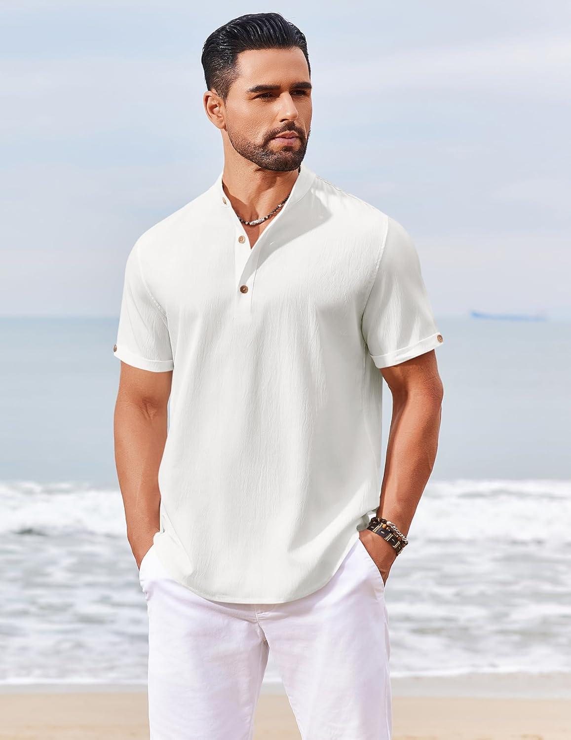 imageCOOFANDY Mens Casual Henley Shirts Short Sleeve Summer Beach TShirts Banded Collar Henleys Button Tee ShirtAll White