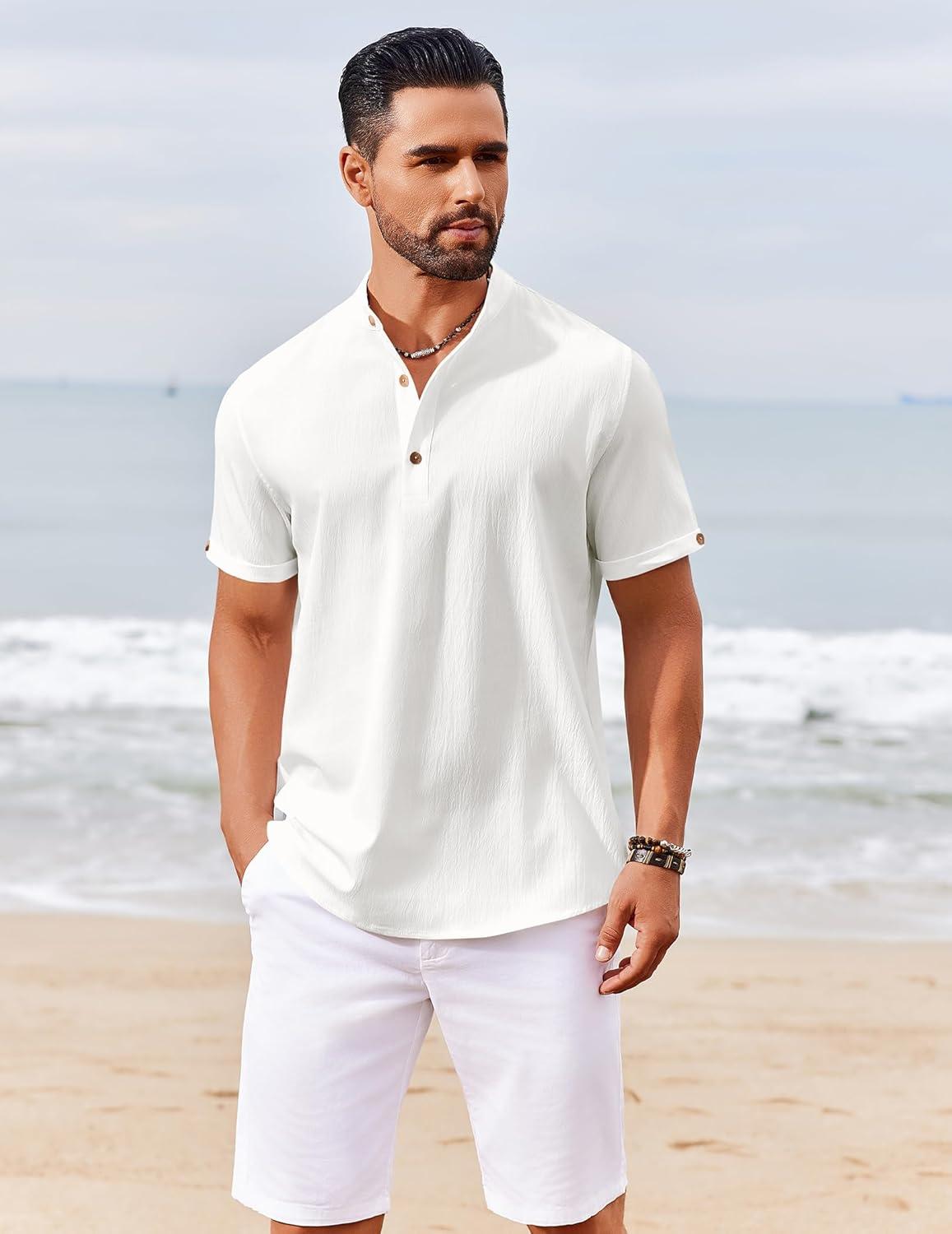 imageCOOFANDY Mens Casual Henley Shirts Short Sleeve Summer Beach TShirts Banded Collar Henleys Button Tee ShirtAll White
