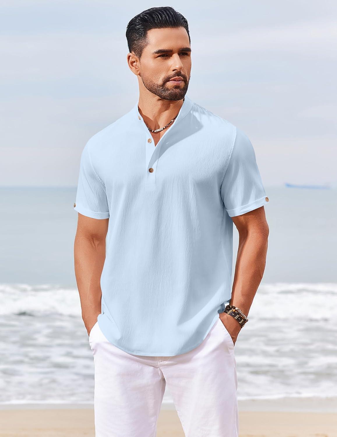 imageCOOFANDY Mens Casual Henley Shirts Short Sleeve Summer Beach TShirts Banded Collar Henleys Button Tee ShirtSky Blue