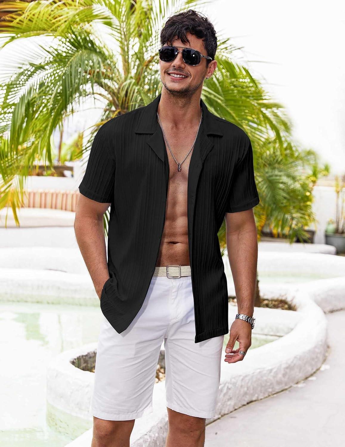 imageCOOFANDY Mens Casual Shirts Short Sleeve Button Down Shirts Fashion Textured Summer Beach ShirtBlack