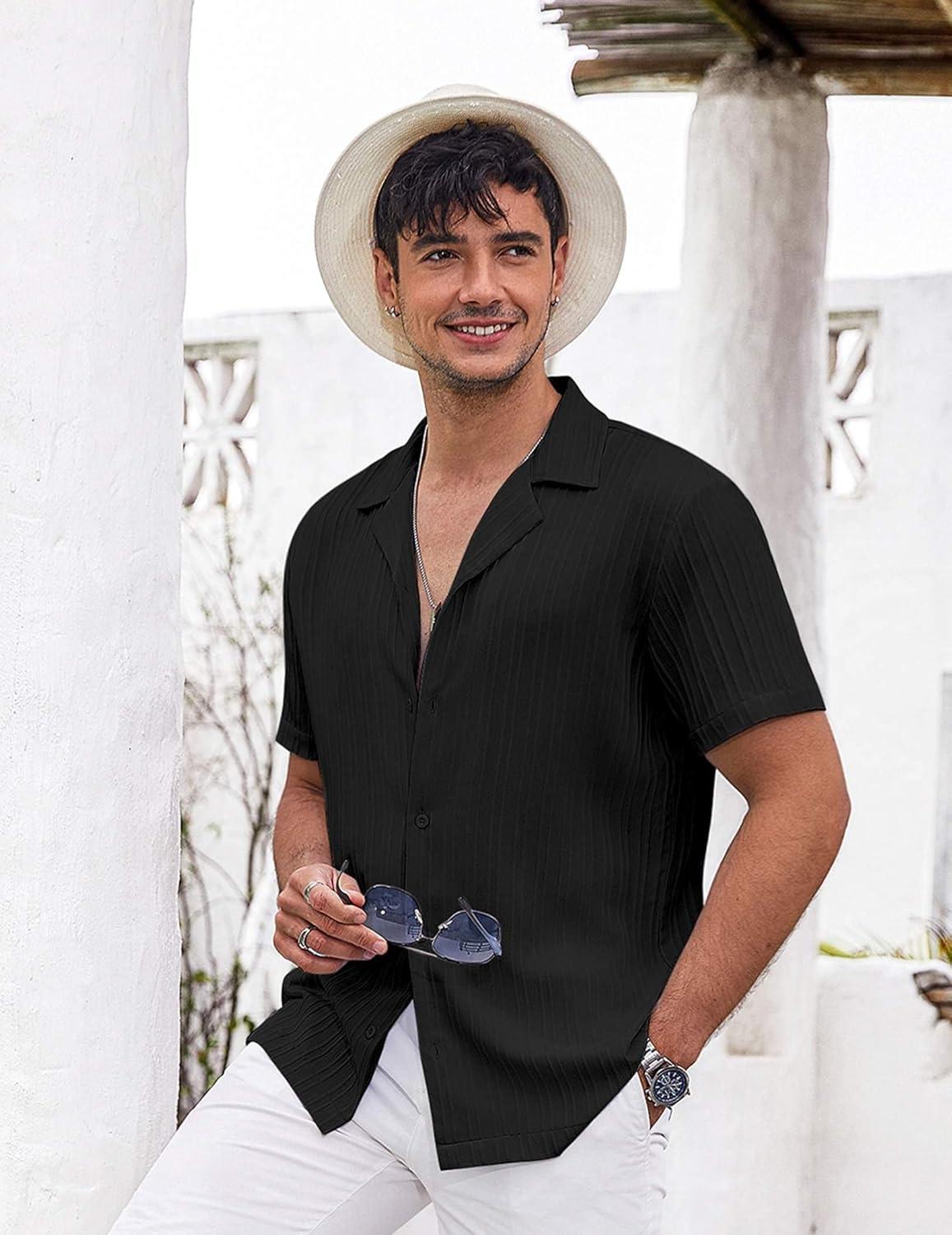 imageCOOFANDY Mens Casual Shirts Short Sleeve Button Down Shirts Fashion Textured Summer Beach ShirtBlack