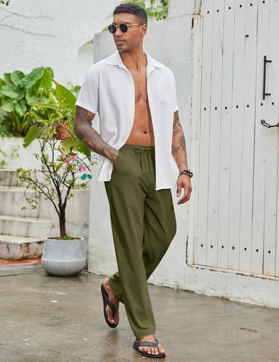 imageCOOFANDY Mens Cotton Linen Pants Elastic Waist Drawstring Summer Beach Trousers Casual Yoga Pant