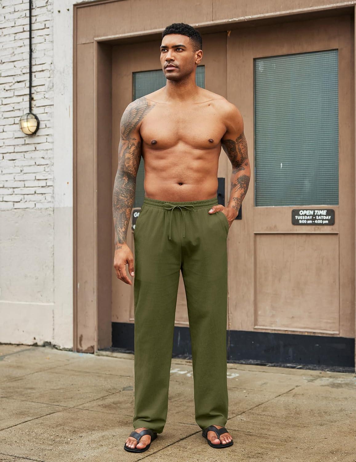 imageCOOFANDY Mens Cotton Linen Pants Elastic Waist Drawstring Summer Beach Trousers Casual Yoga Pant