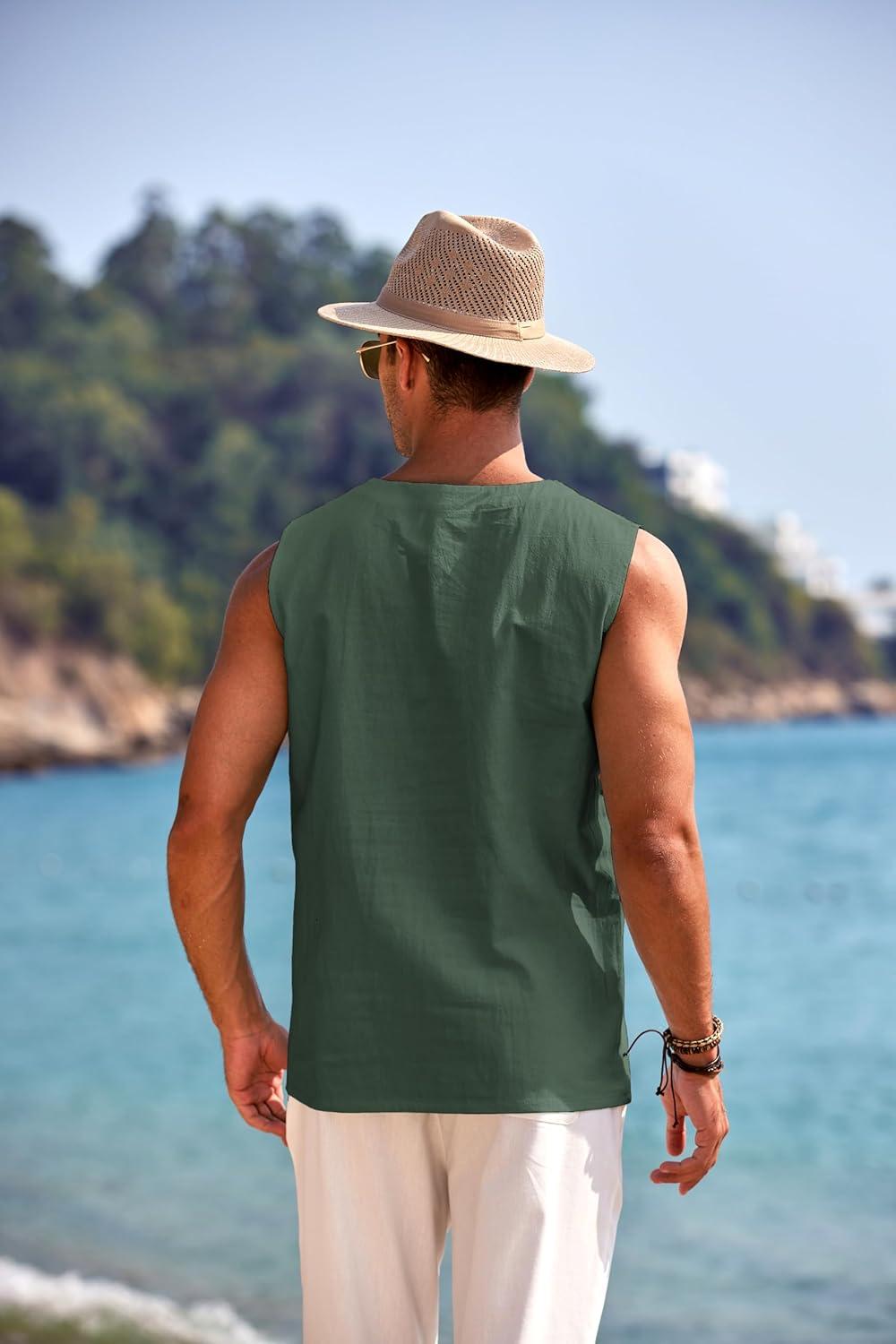 imageCOOFANDY Mens Cotton Linen Tank Top Shirts Casual Sleeveless Lace Up Beach Hippie Tops Bohemian Renaissance Pirate TunicDark Army Green