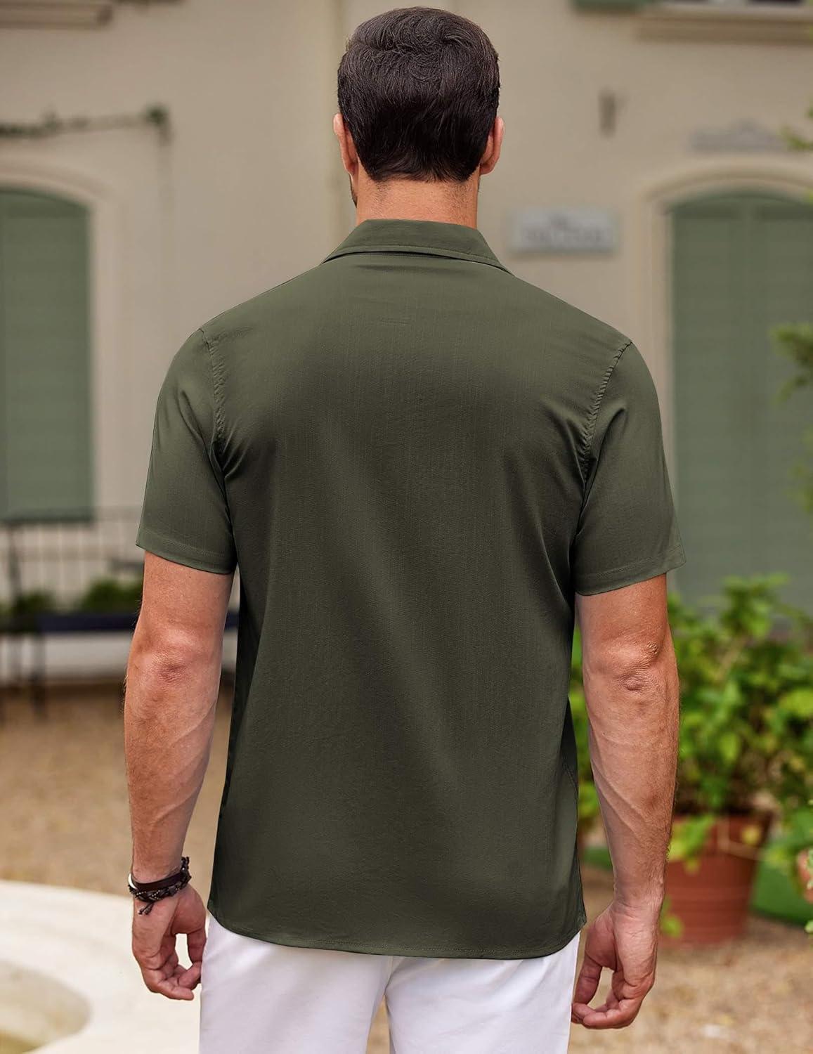 imageCOOFANDY Mens Cuban Guayabera Shirt Short Sleeve Button Down Shirts Casual Summer Beach ShirtsArmy Green