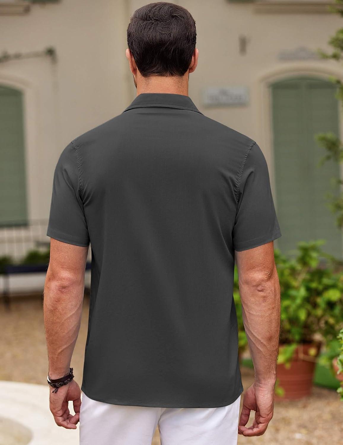 imageCOOFANDY Mens Cuban Guayabera Shirt Short Sleeve Button Down Shirts Casual Summer Beach ShirtsDark Grey
