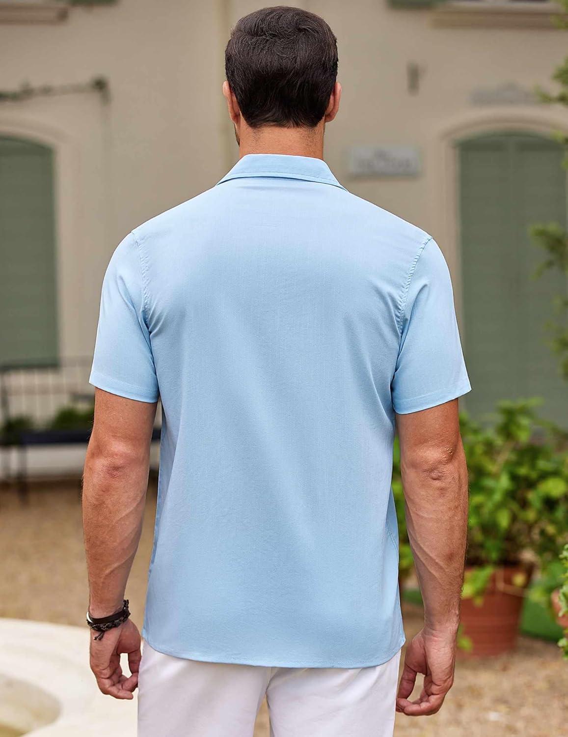 imageCOOFANDY Mens Cuban Guayabera Shirt Short Sleeve Button Down Shirts Casual Summer Beach ShirtsLight Blue