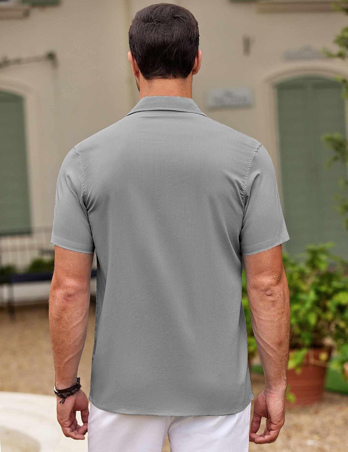 imageCOOFANDY Mens Cuban Guayabera Shirt Short Sleeve Button Down Shirts Casual Summer Beach ShirtsLight Grey