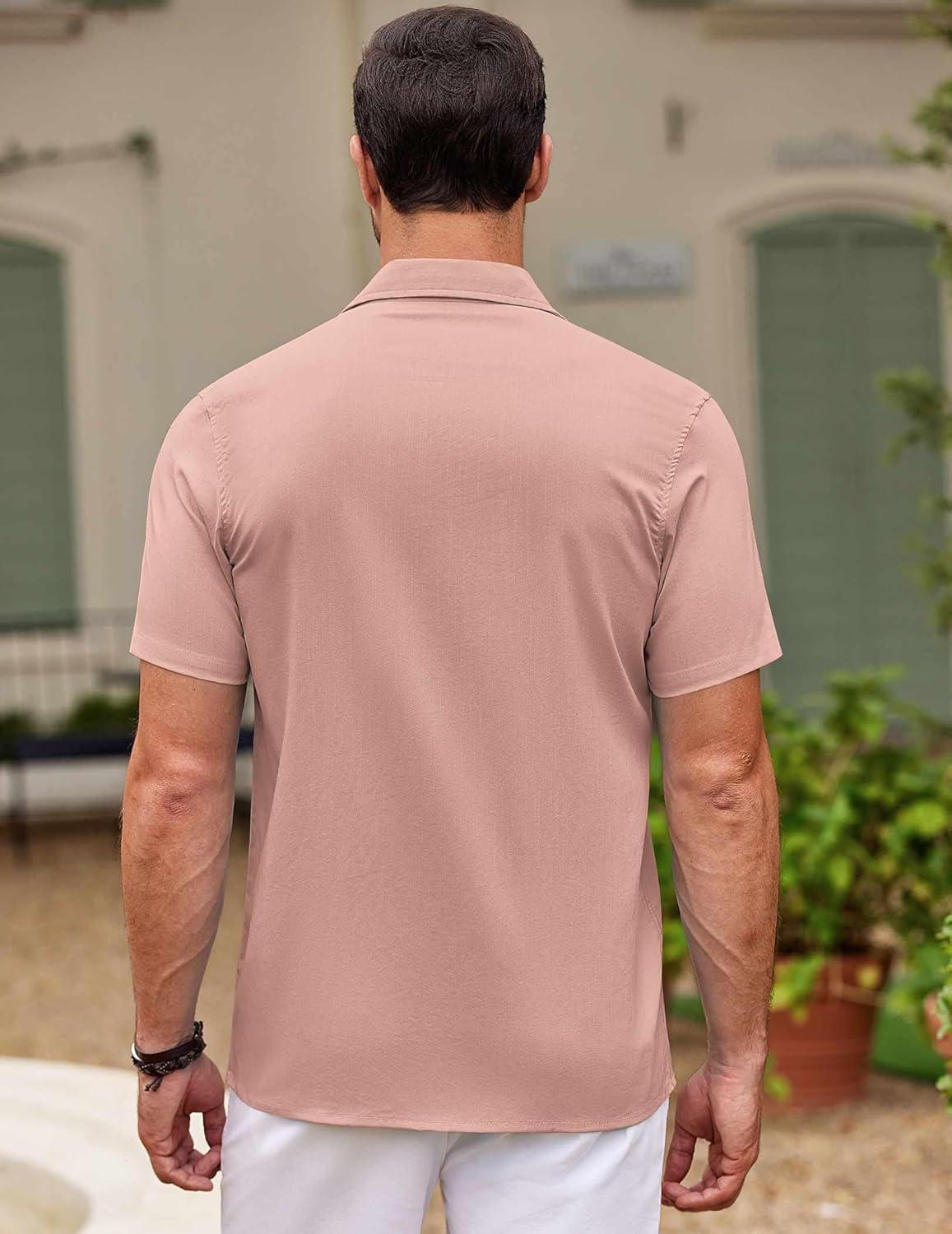 imageCOOFANDY Mens Cuban Guayabera Shirt Short Sleeve Button Down Shirts Casual Summer Beach ShirtsMisty Rose