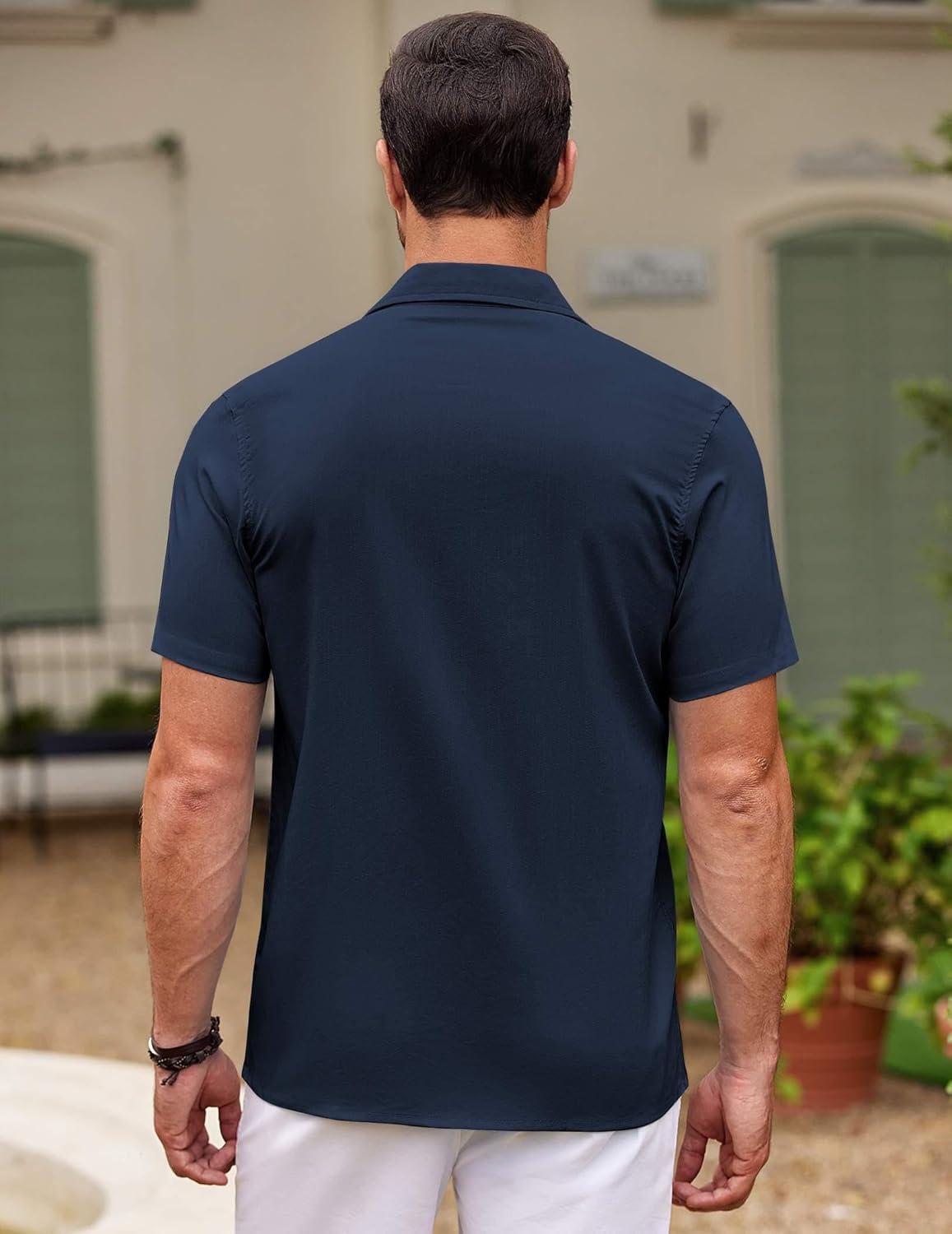 imageCOOFANDY Mens Cuban Guayabera Shirt Short Sleeve Button Down Shirts Casual Summer Beach ShirtsNavy Blue