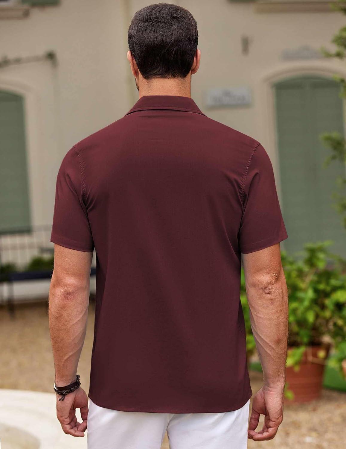 imageCOOFANDY Mens Cuban Guayabera Shirt Short Sleeve Button Down Shirts Casual Summer Beach ShirtsWine Red