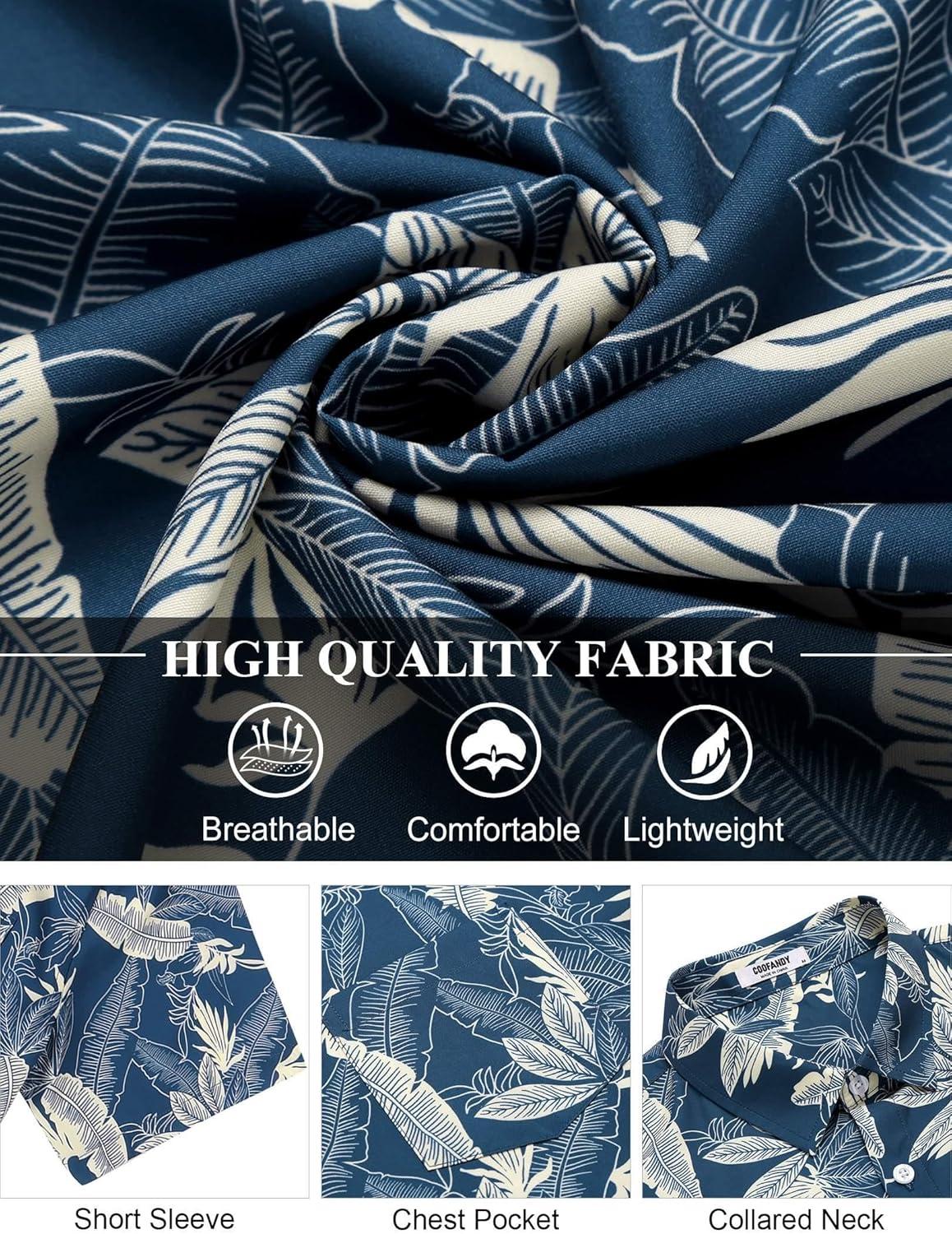 imageCOOFANDY Mens Hawaiian Shirt Short Sleeve Floral Button Down Shirts Tropical Holiday Beach ShirtsBlue White Leaf