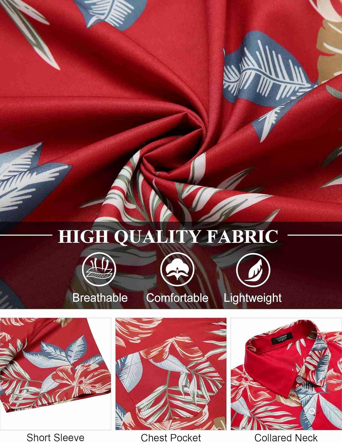 imageCOOFANDY Mens Hawaiian Shirt Short Sleeve Floral Button Down Shirts Tropical Holiday Beach ShirtsRed Tropical Leaf