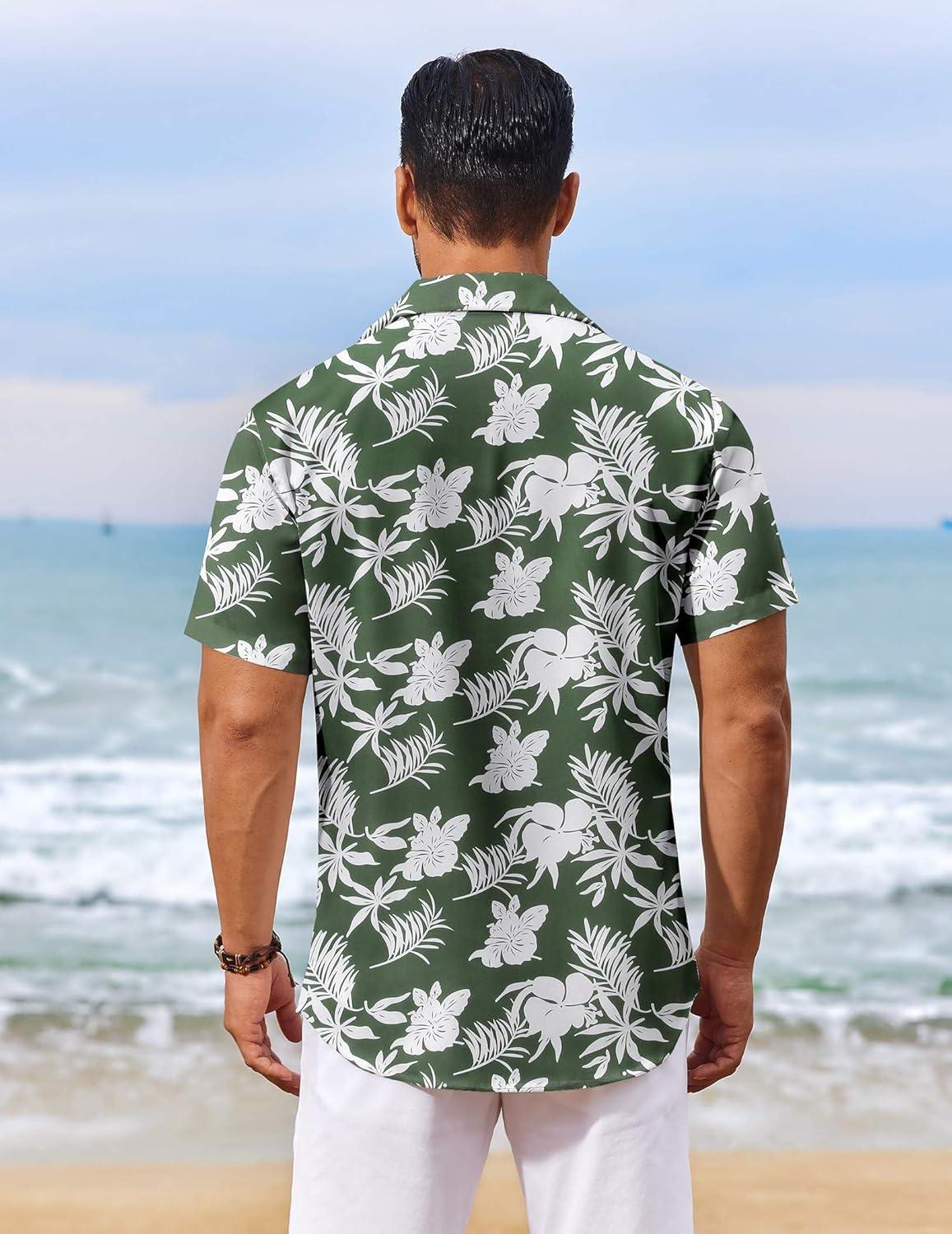 imageCOOFANDY Mens Hawaiian Shirt Short Sleeve Floral Button Down Shirts Tropical Vacation Beach Shirts with PocketGreen White Flower