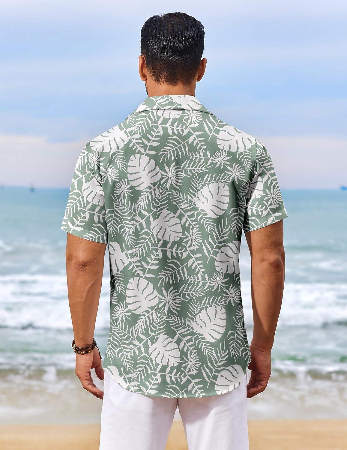 imageCOOFANDY Mens Hawaiian Shirt Short Sleeve Floral Button Down Shirts Tropical Vacation Beach Shirts with PocketLight Green White Leaf