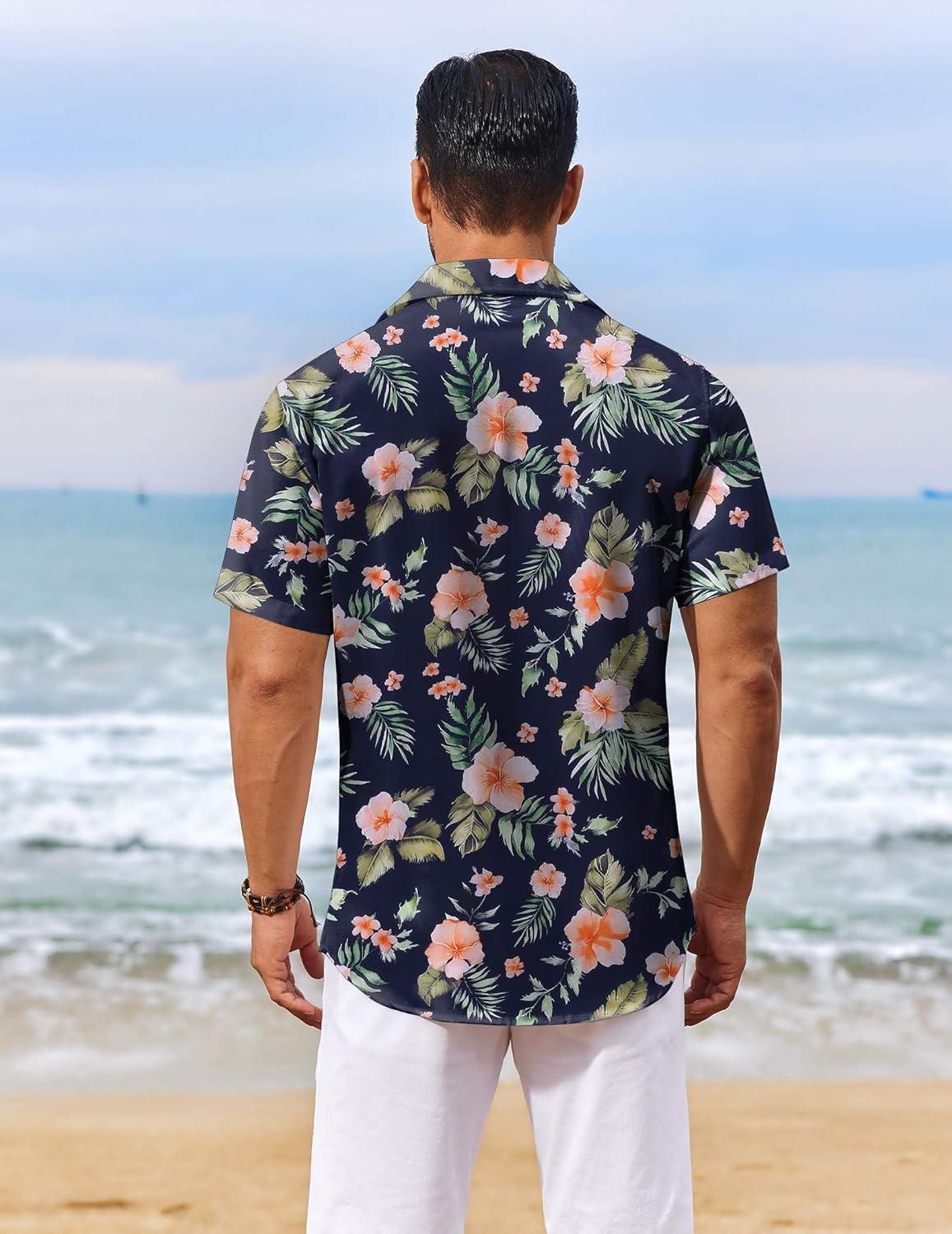 imageCOOFANDY Mens Hawaiian Shirt Short Sleeve Floral Button Down Shirts Tropical Vacation Beach Shirts with PocketNavy Pink Floral