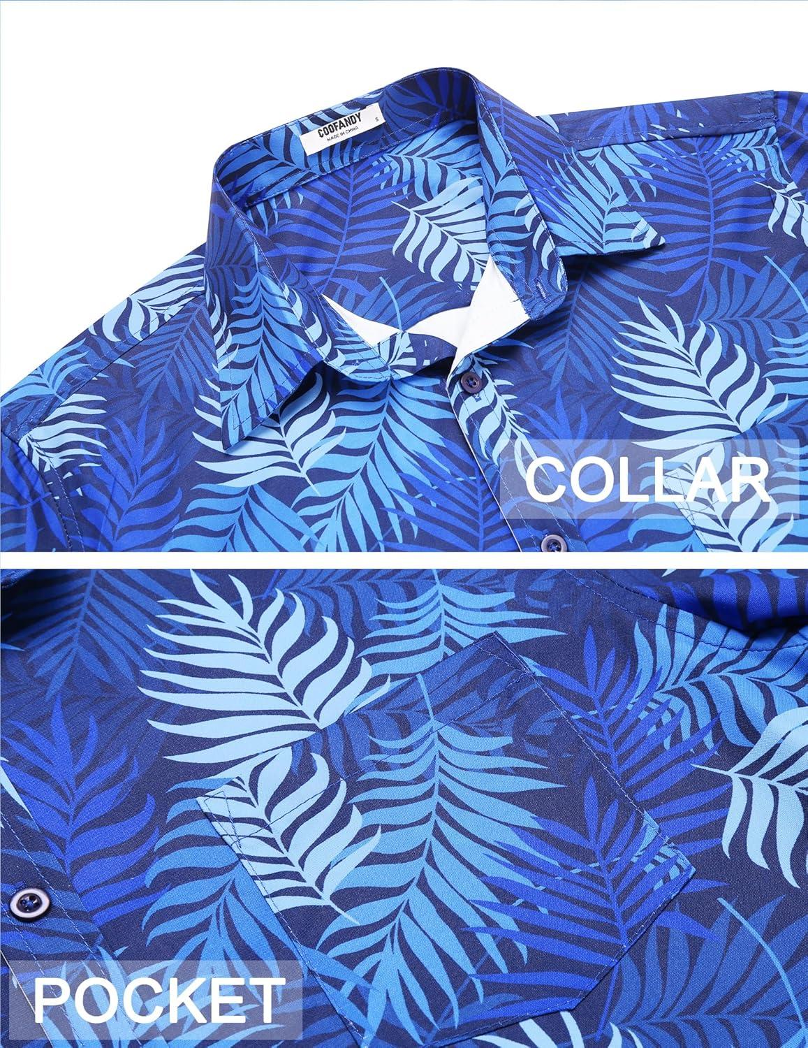 imageCOOFANDY Mens Hawaiian Shirts Short Sleeve Tropical Button Down Shirts Floral Summer Beach ShirtBlue Palm Leaf