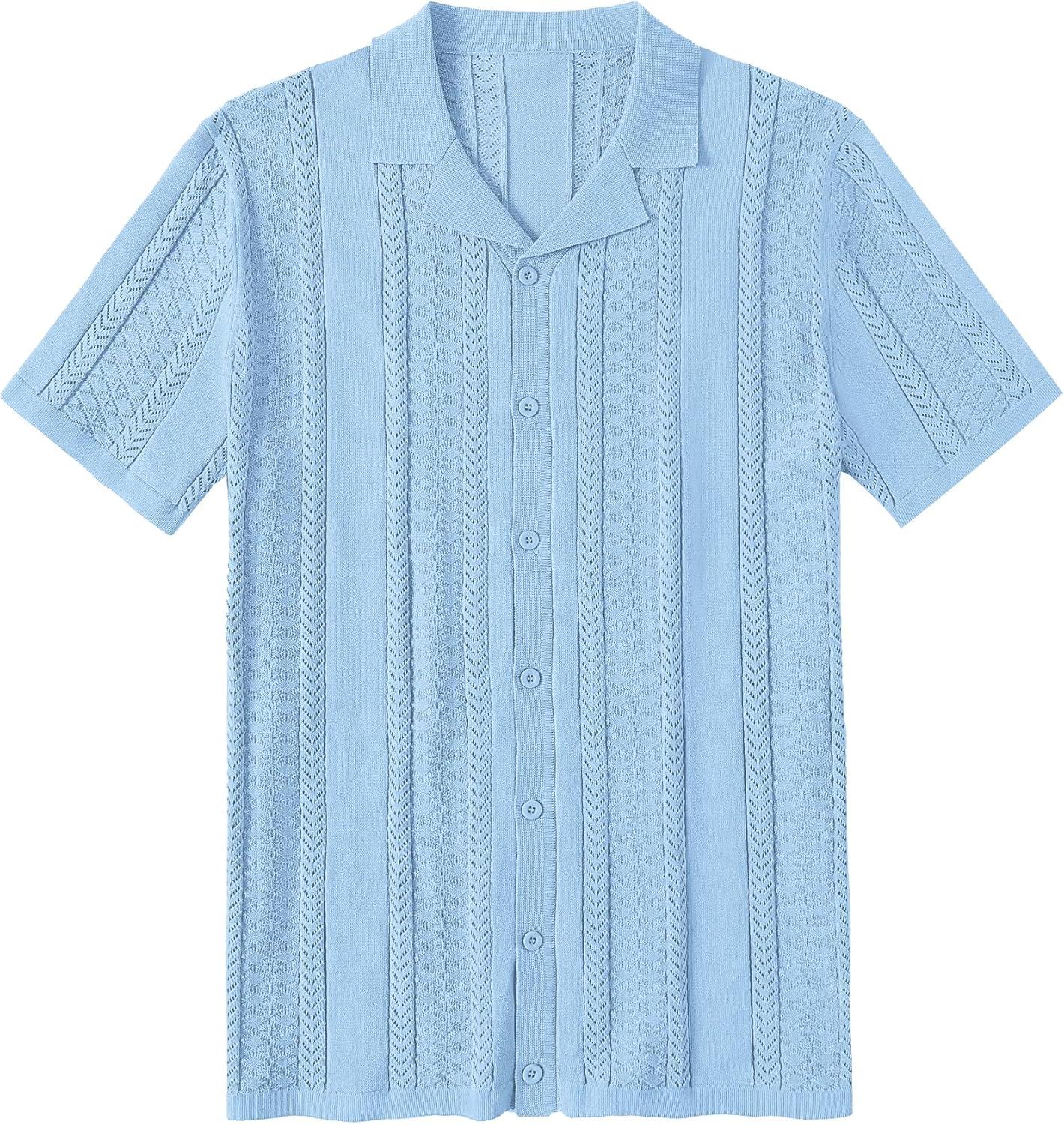 imageCOOFANDY Mens Knit Shirts Vintage Short Sleeve Button Down Shirt Casual Summer Beach ShirtLight Blue