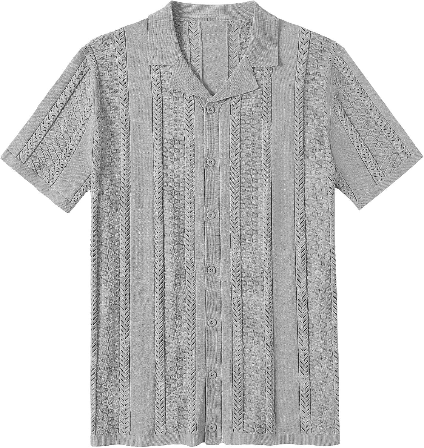 imageCOOFANDY Mens Knit Shirts Vintage Short Sleeve Button Down Shirt Casual Summer Beach ShirtLight Gray