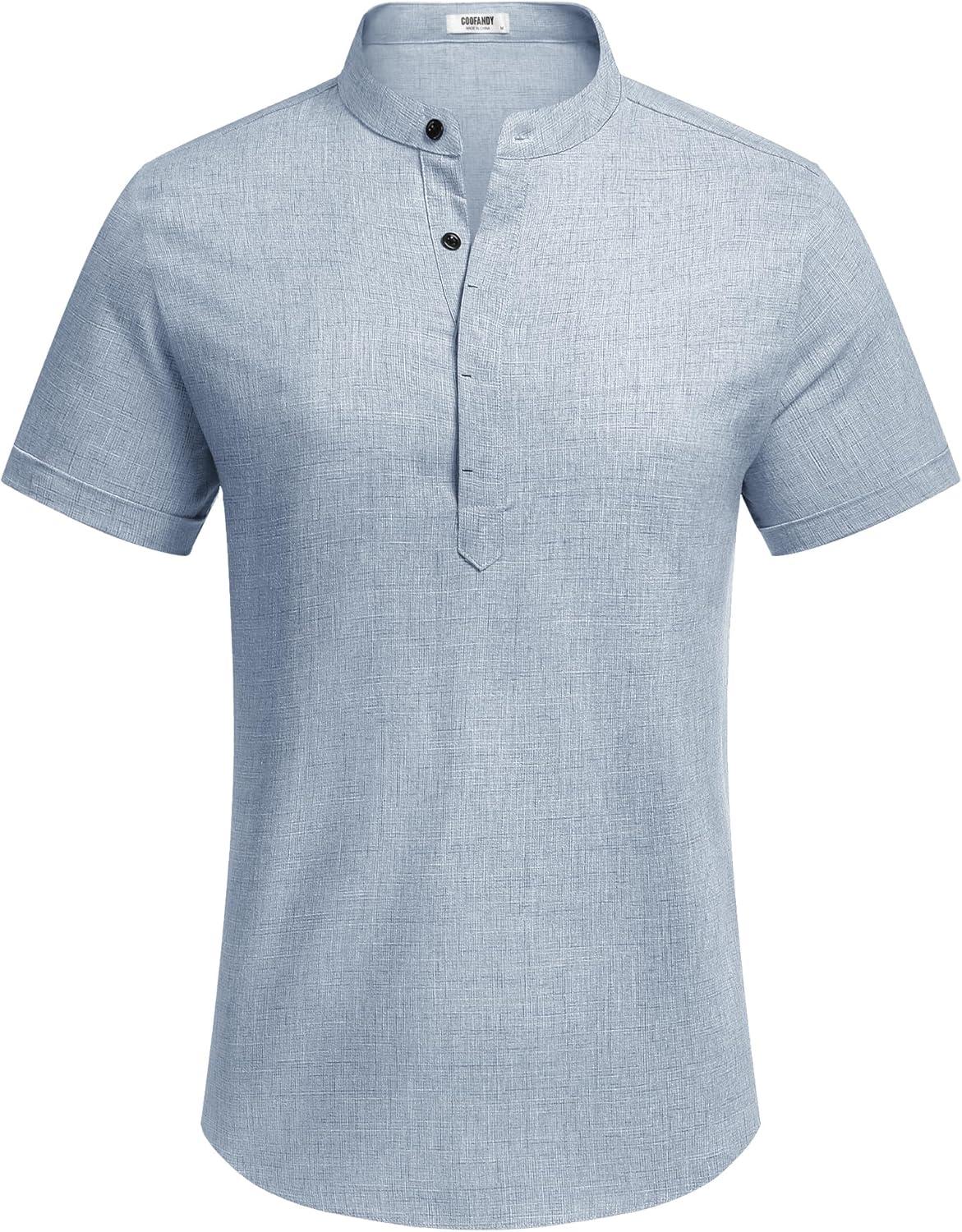 imageCOOFANDY Mens Linen Henley Shirt Short Sleeve Casual Summer Beach Hippie T ShirtsFlecking Blue