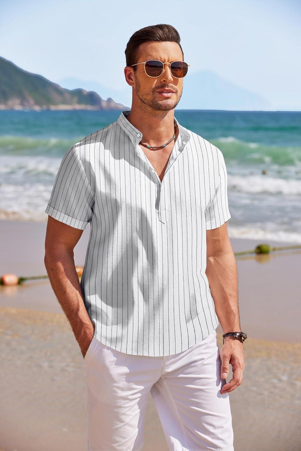 imageCOOFANDY Mens Linen Henley Shirt Short Sleeve Casual Summer Beach Hippie T ShirtsStriped White