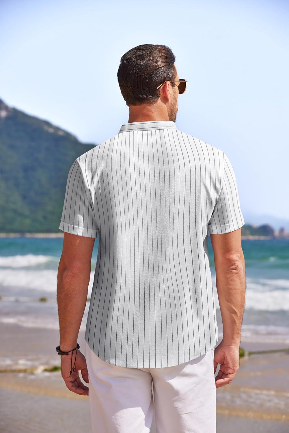 imageCOOFANDY Mens Linen Henley Shirt Short Sleeve Casual Summer Beach Hippie T ShirtsStriped White